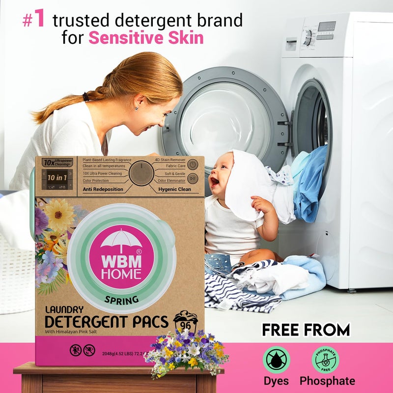 WBM Home Laundry Detergent Pods, Spring Fragrance Scent, 96 Count - HE Concentrated Laundry Pods With 10x Ultrapower Cleaning and 4D Laundry Stain Remover - Image 5